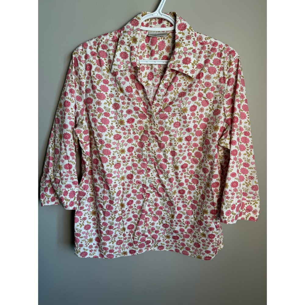 East West Floral Button Down Shirt L 3/4 Sleeve Pink White Cottagecore Peasant